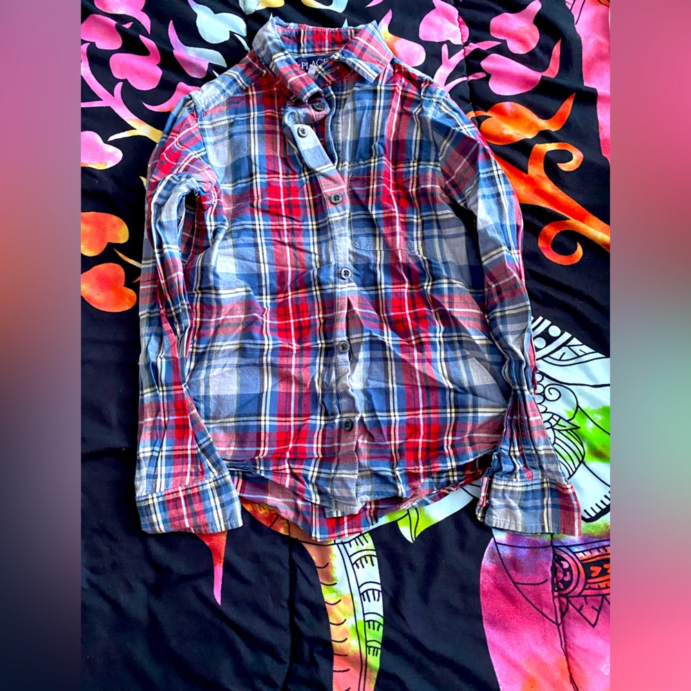Children place button up blue and red plaid shirt size m 7/8 long sleeve